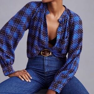 Pilcro (XS) Blue/Black/Pink Plaid Button Down Blouse: Embroidered, Ruffled Top